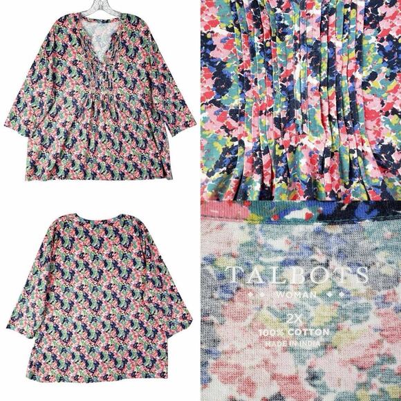 Talbots Tunic Top Plus Size 2X Women’s Popover Floral Blouse Cotton Stretch Pink - Picture 1 of 8